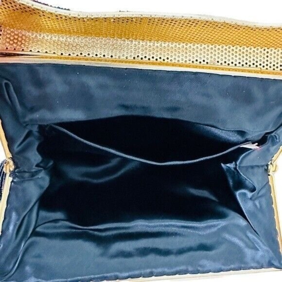 Vintage Black Seed Bead Evening Bag ~ Retro ART DECO Style Gold Frame JAPAN - Picture 7 of 9